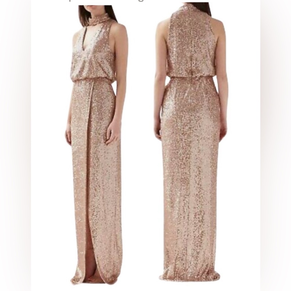 Monique Lhuillier Gold Sequin Blouson Evening Gown, Gold, NWT, Size 6